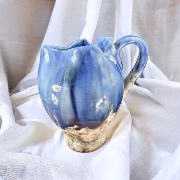 Italian Art Pottery Small Pitcher Creamer Drip Glaze Folded Edges Specked Inside - Picture 2 of 16